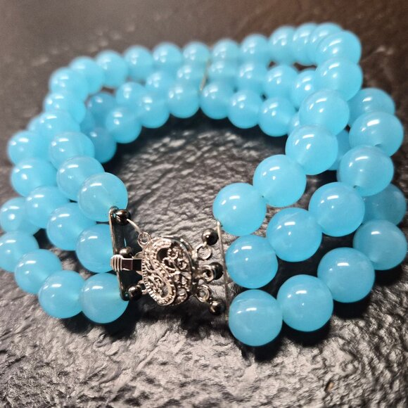 Vintage 1960s Aqua Milk Glass Bracelet 3 Strand Filigree Clasp 8.5" Mid-Century - Picture 4 of 6